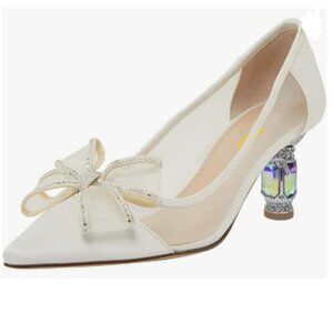 FSJ Ivory Pointed Toe Mesh Bow  Crystal Chunky Mid Heel Rhinestones Slip On Pump